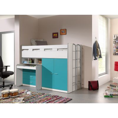 Pat etajat din pal si metal cu birou incorporat, 3 sertare si dulap, pentru copii Bonny High Alb / Turcoaz, 200 x 90 cm Pat etajat din pal si metal cu birou incorporat, 3 sertare si dulap, pentru copii Bonny High Alb / Turcoaz, 200 x 90 cm