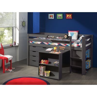 Pat multifunctional din lemn de pin, cu birou si biblioteca pentru copii Pino Grej, 200 x 90 cm