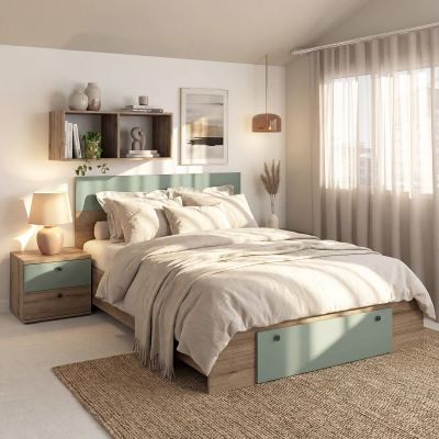 Pat AMBRO 160x200 cu sertar frontal, fara saltea, Stejar, Verde Eucalipt