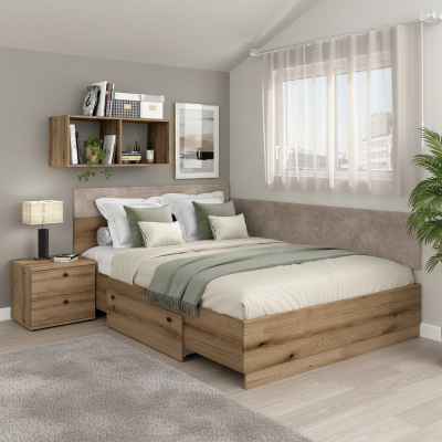 Pat colt AMBRO fara saltea, 140x200, sertar lateral, Stejar