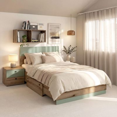 Pat copii AMBRO fara saltea, 90x200, sertar lateral, Stejar, Verde Eucalipt