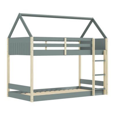 Pat pentru copii în culoare naturală/verde prăfuit de tip casă/supraetajat cu somieră 90x190 cm Valka – Marckeric