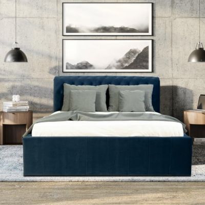 Pat Tapitat Paris, Dimensiune Saltea 160 x 200 Cm, Cu Somiera Rabatabila, Albastru Inchis