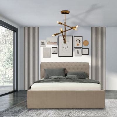 Pat Tapitat Paris, Bej, Dimensiune Saltea 140 x 200 Cm, Cu Somiera Rabatabila