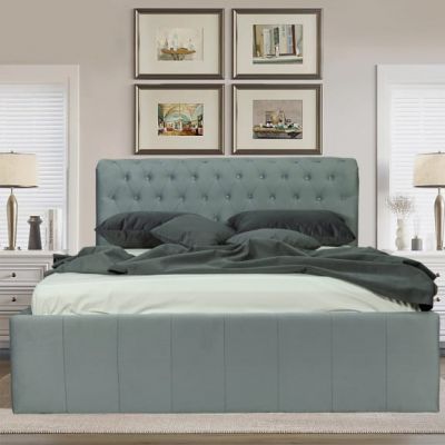 Pat Tapitat Paris, Dimensiune Saltea 160 x 200 Cm, Cu Somiera Rabatabila, Gri Albastrui