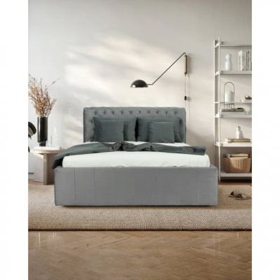 Pat Tapitat Paris, Gri, Dimensiune Saltea 160 x 200 Cm, Cu Somiera Rabatabila