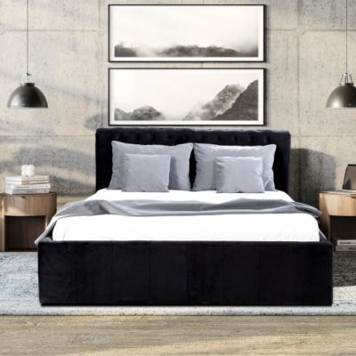 Pat Tapitat Paris, Negru, Dimensiune Saltea 180 x 200 Cm, Cu Somiera Rabatabila