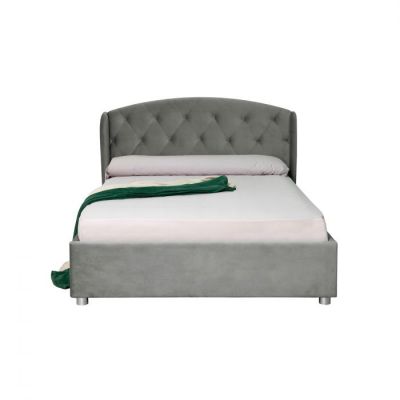 Pat tapitat ROUND, cu somiera rabatabila, spatiu depozitare, gri deschis, 180x200 cm Pat tapitat ROUND, cu somiera rabatabila, spatiu depozitare, gri deschis, 180x200 cm