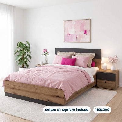 Pat AMBRO cu saltea si noptiere incluse, 160x200, Stejar, Antracit
