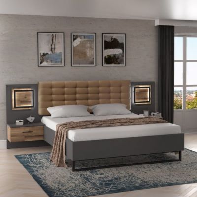 Pat Cu Noptiere Soprano Black, Dimensiune Saltea 180 x 200 Cm, Stejar Pardosit Si Gri Uni Wolfram