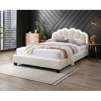 Pat tapitat Comfort 2 cu LED cadru din lemn cu somiera fixa Crem 140x200 cm