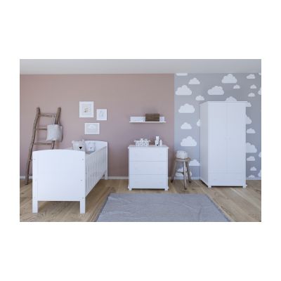 Patut din lemn Nichiduta Philip Alb 120x60 cm cu laterala detasabila,Margine din silicon pentru protectie dintisori,Design elegant,Vopsele si materiale sigure,3 Nivele reglare somiera,Margini rotunjite
