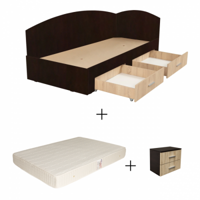 Set Pat Colt Alma, cu 2 sertare, colt interschimbabil, sonoma inchis + deschis + Saltea superortopedica, 120x200 cm + Noptiera ALMA, 2 sertare