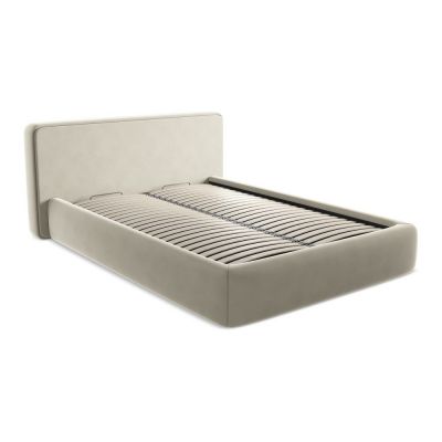 Pat matrimonial crem tapițat cu spațiu de depozitare cu somieră 140x200 cm Kiana – Makamii