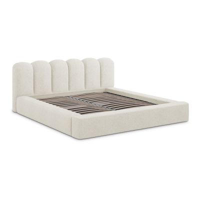 Pat matrimonial crem tapițat cu spațiu de depozitare cu somieră 140x200 cm Mano – Makamii