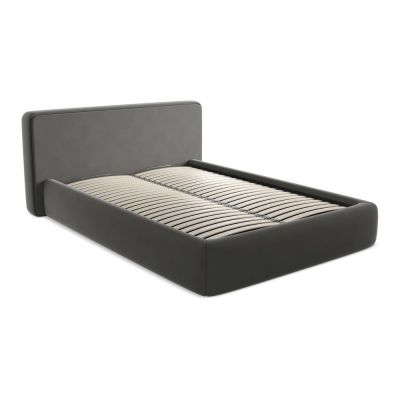 Pat matrimonial gri închis tapițat cu spațiu de depozitare cu somieră 140x200 cm Kiana – Makamii