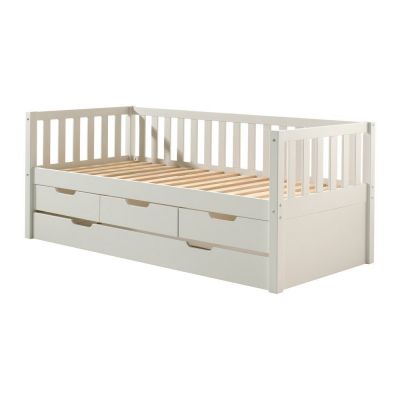 Pat pentru copii alb cu extensie suplimentară din lemn de pin cu spațiu de depozitare cu somieră 90x200 cm Fritz – Vipack