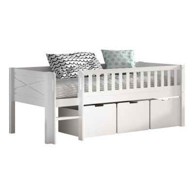 Pat pentru copii alb înalt din lemn de pin cu spațiu de depozitare cu somieră 90x200 cm Scott – Vipack