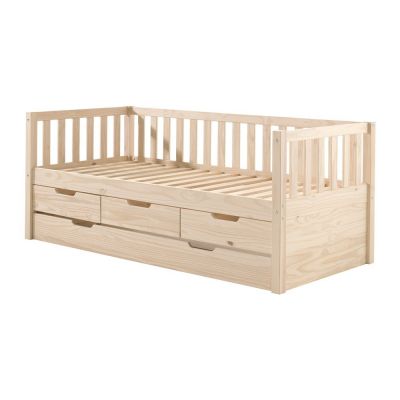 Pat pentru copii în culoare naturală cu extensie suplimentară din lemn de pin cu spațiu de depozitare cu somieră 90x200 cm Fritz – Vipack