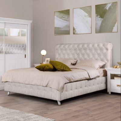 Pat Tapitat Saint Tropez, Dimensiune Saltea 160 x 200 Cm, Cu Somiera Rabatabila, Alb Murdar