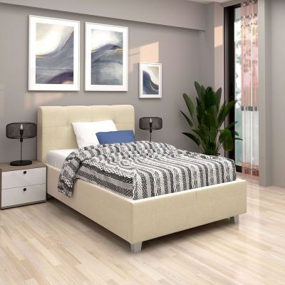 Oferta Pat tapitat copii ARISA, 90x200, suport saltea, catifea Bej cu saltea inclusa