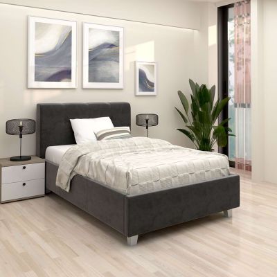 Oferta Pat tapitat de o persoana ARISA, 120x200, suport saltea, catifea Gri cu saltea inclusa