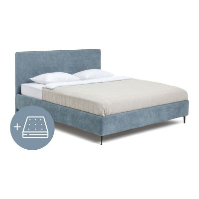 Pat dublu tapițat albastru cu saltea și somieră 160x200 cm Noira Slim - Bonami Selection