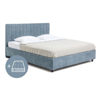 Pat dublu tapițat albastru cu spațiu de depozitare cu saltea/ somieră 180x200 cm Myra Slim Line - Bonami Selection