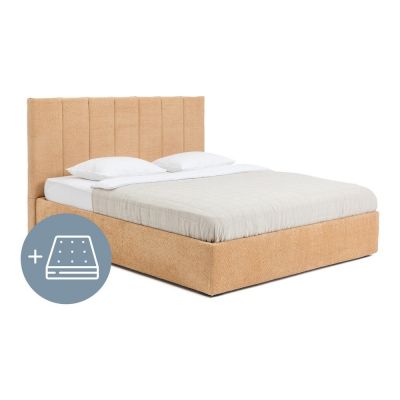 Pat dublu tapițat cu spațiu de depozitare cu saltea și somieră 160x200 cm în culoarea muștar Thessa Bold Line - Bonami Selection