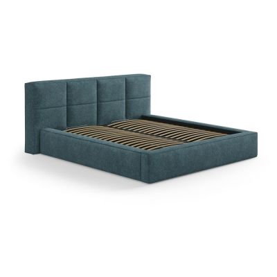 Pat matrimonial albastru tapițat cu spațiu de depozitare cu somieră 160x200 cm Simon Darren – Micadoni