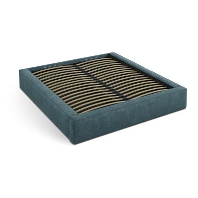 Pat matrimonial albastru tapițat cu spațiu de depozitare cu somieră 200x200 cm Simon – Micadoni