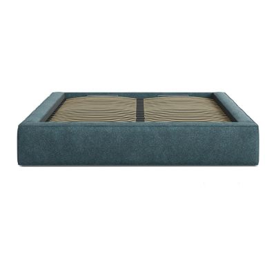 Pat matrimonial albastru tapițat cu spațiu de depozitare cu somieră 200x200 cm Simon – Micadoni