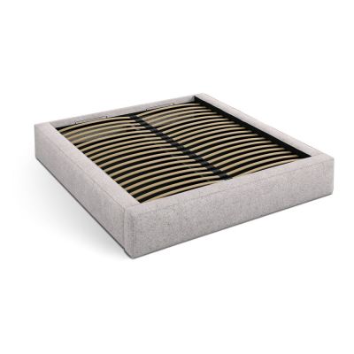 Pat matrimonial bej tapițat cu spațiu de depozitare cu somieră 200x200 cm Simon – Micadoni