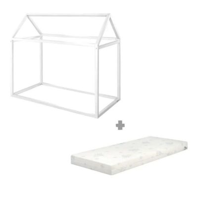 Pat pentru copii alb de tip casă din lemn de pin cu saltea/fără somieră 70x140 cm House Bed – Roba