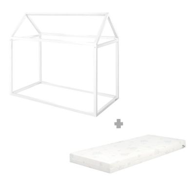 Pat pentru copii alb de tip casă din lemn de pin cu saltea/fără somieră 70x140 cm House Bed – Roba