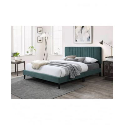 Pat tapitat Emerald cu catifea verde, 140x200, cadru din lemn cu somiera fixa