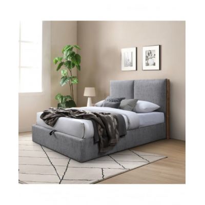 Pat tapitat Nordic, 160x200, cu somiera metalica rabatabila si spatiu de depozitare, culoare Gri
