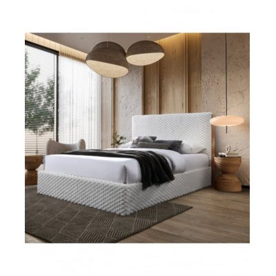 Pat tapitat Nordic cu stofa bucla, 160x200, cu somiera metalica rabatabila si spatiu de depozitare, culoare Bej