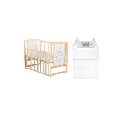Set mobilier pentru copii, BabyNeeds: Patut din lemn de pin, cu laterala culisanta din lemn de pin si MDF, somiera reglabila in 3 trepte, Timmi, 120x60 cm + Saltea cocos-burete-cocos, 12 cm + Comoda cu masuta de infasat, Alb/Natur
