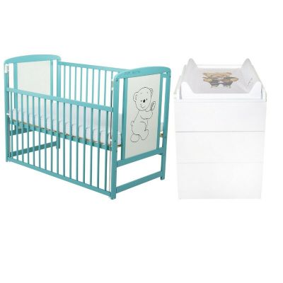 Set mobilier pentru copii, BabyNeeds: Patut din lemn de pin, cu laterala culisanta si somiera reglabila in 3 trepte, Timmi, 120x60 cm + Saltea cocos-burete-cocos, 10 cm + Comoda cu masuta de infasat, Alb/Mint