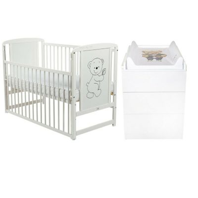 Set mobilier pentru copii, BabyNeeds: Patut din lemn de pin, cu laterala culisanta si somiera reglabila in 3 trepte, Timmi, 120x60 cm + Saltea cocos-burete-cocos, 12 cm + Comoda cu masuta de infasat, Alb