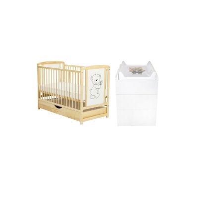 Set mobilier pentru copii, BabyNeeds: Patut din lemn de pin si MDF, cu sertar cu capac si somiera reglabila in 3 trepte, Timmi, 120x60 cm + Saltea cocos-burete-cocos, 10 cm + Comoda cu masuta de infasat, Alb/ Natur