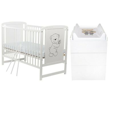 Set mobilier pentru copii, BabyNeeds: Patut din lemn de pin si MDF, cu somiera reglabila in 3 trepte, Timmi, 120x60 cm + Saltea cocos-burete-cocos, 12 cm + Comoda cu masuta de infasat, Alb