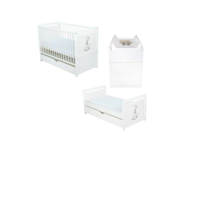 Set mobilier pentru copii, BabyNeeds: Patut multifunctional din lemn de pin, transformabil junior, cu sertar si somiera reglabila in 3 trepte, Nadia II, 120x60 cm + Saltea cocos-burete 10 cm + Comoda cu masa de infasat, Alb