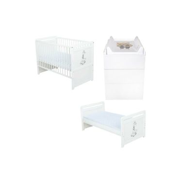 Set mobilier pentru copii, BabyNeeds: Patut multifunctional din lemn de pin, transformabil junior, cu somiera reglabila in 3 trepte, Nadia II, 120x60 cm + Saltea cocos-burete 12 cm + Comoda cu masa de infasat, Alb