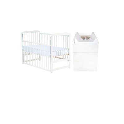 Set mobilier pentru copii, Qmini: Patut din lemn de pin cu roti, cu laterala culisanta si somiera reglabila in 3 trepte, Agata, 120x60 cm + Saltea cocos-burete-cocos, 12 cm + Comoda cu masuta de infasat, Alb
