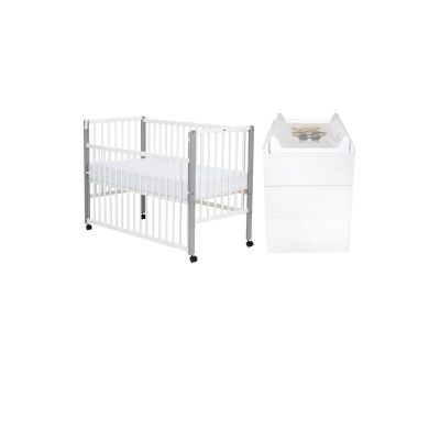 Set mobilier pentru copii, Qmini: Patut din lemn de pin cu roti, cu laterala culisanta si somiera reglabila in 3 trepte, Maya, 120x60 cm + Saltea cocos-burete-cocos, 12 cm + Comoda cu masuta de infasat, Alb
