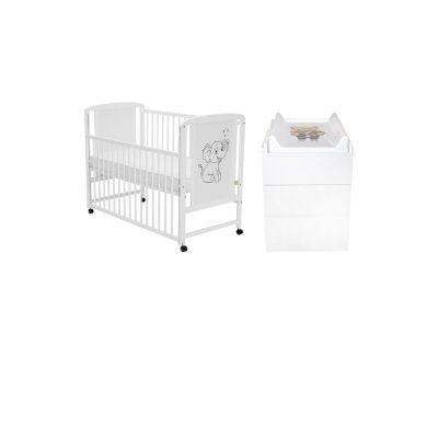 Set mobilier pentru copii, Qmini: Patut din lemn de pin cu roti, cu laterala culisanta si somiera reglabila in 3 trepte, Timmi Elefant, 120x60 cm + Saltea cocos-burete-cocos, 8 cm + Comoda cu masuta de infasat, Alb