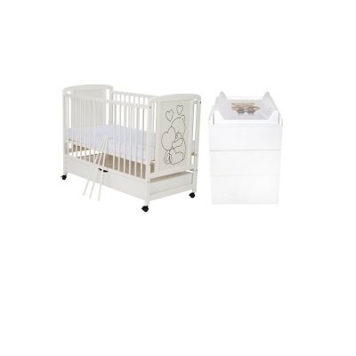 Set mobilier pentru copii, Qmini: Patut din lemn de pin si MDF cu roti, cu sertar cu capac si somiera reglabila in 3 trepte, Timmi Heart, 120x60 cm + Saltea cocos-burete-cocos, 10 cm + Comoda cu masuta de infasat, Alb