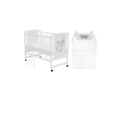 Set mobilier pentru copii, Qmini: Patut din lemn de pin si MDF cu roti, cu somiera reglabila in 3 trepte, Timmi Elefant, 120x60 cm + Saltea cocos-burete-cocos, 10 cm + Comoda cu masuta de infasat, Alb